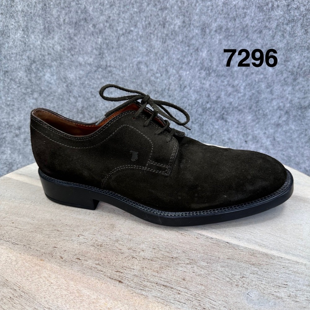 Tods Mens Dark Olive Suede Derby Shoes Made in Italy Size 7.5